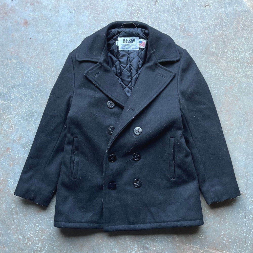 Schott NYC US 740N Pea Jacket Navy Wool Double Breasted Coat 10 Made in USA